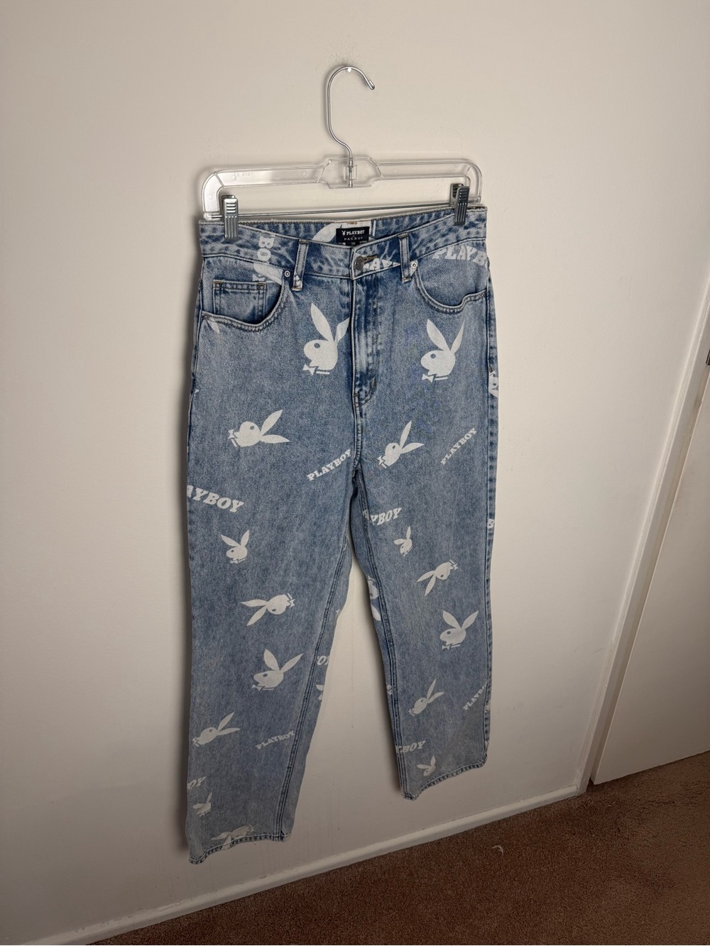 PLAYBOY High Waist Light Blue Denim Jeans with White Bunny Print
